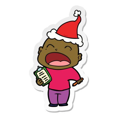 etiket karikatür Noel Baba şapkası giyen bir haykırış kel adamın