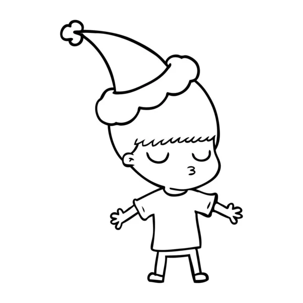 手描き線画の穏やかな少年サンタの帽子をかぶって — ストックベクタ