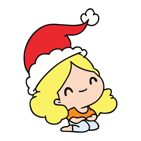 Mão Desenhada Desenhos Animados Natal Menina Kawaii — Vetor de Stock