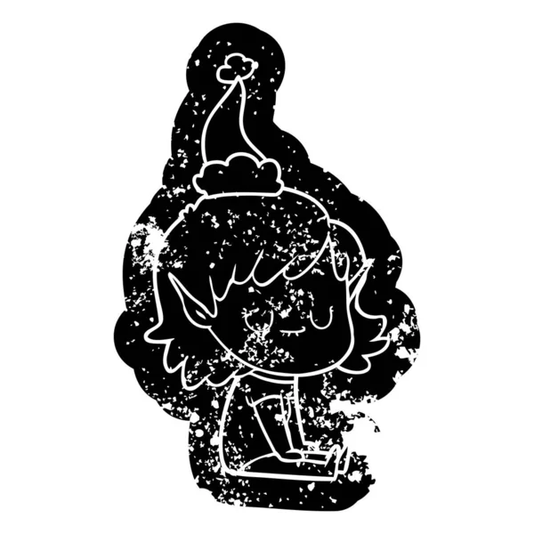 Heureux dessin animé détresse icône d'un elfe fille portant santa chapeau — Image vectorielle