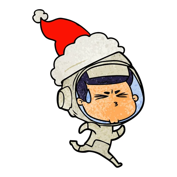 Texturierte Karikatur eines gestressten Astronauten mit Weihnachtsmütze — Stockvektor