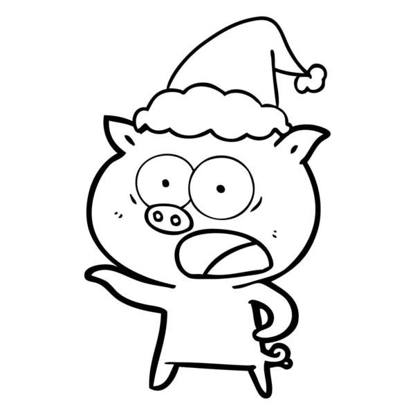 Línea de dibujo de un cerdo gritando con sombrero de santa — Vector de stock