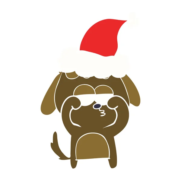 Ilustración a color plano de un perro cansado con sombrero de santa — Vector de stock