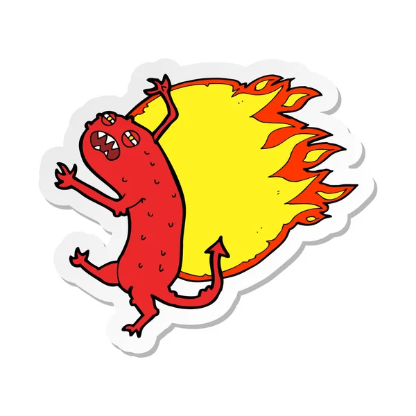 Adesivo di un mostro dei cartoni animati in fiamme — Vettoriale Stock