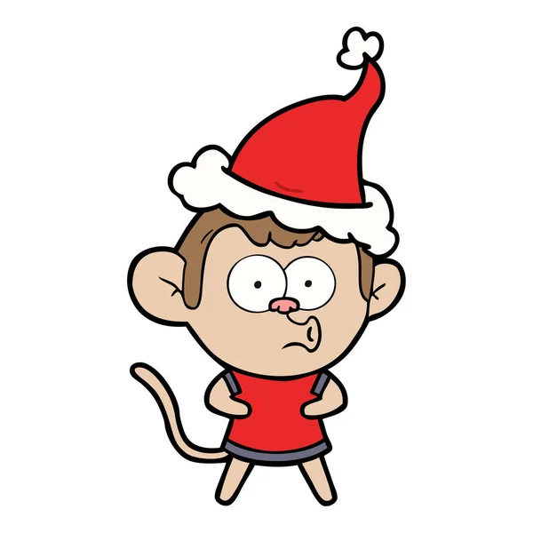 Dessin au trait d'un singe surpris portant un chapeau de Père Noël — Image vectorielle