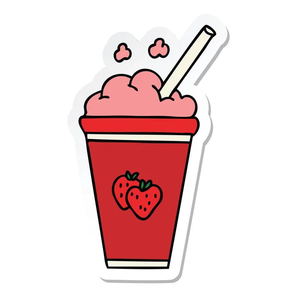 Sticker of a quirky hand drawn cartoon strawberry milkshake — Stock Vector