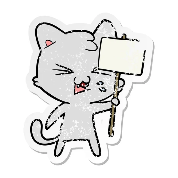 Verontruste sticker van een cartoon kat sissende — Stockvector