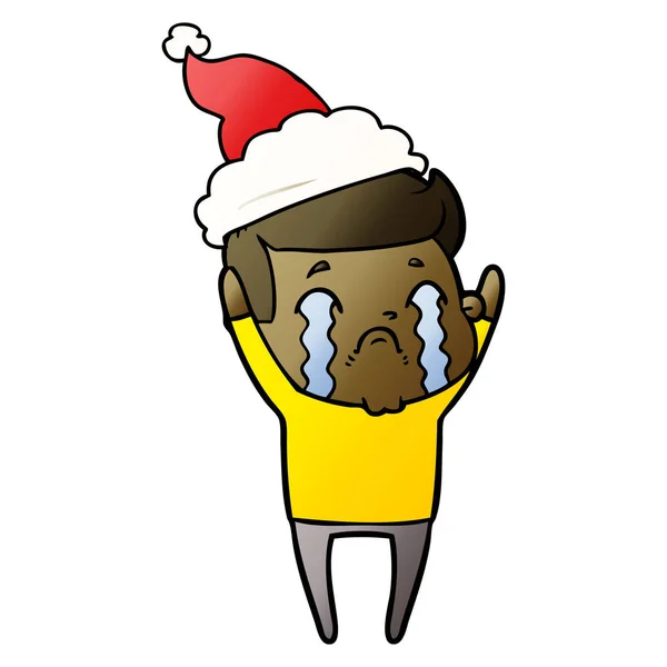 Hand Drawn Gradient Cartoon Man Crying Wearing Santa Hat — Stock Vector