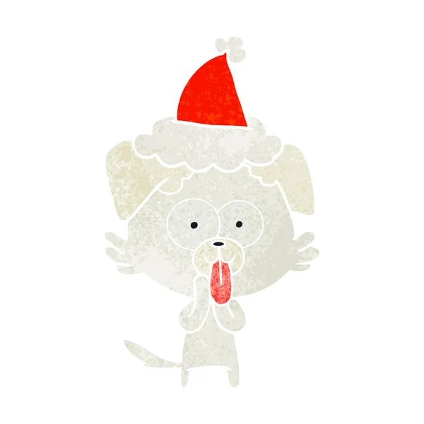 手绘复古卡通狗与舌头伸出戴圣诞老人的帽子 — 图库矢量图片