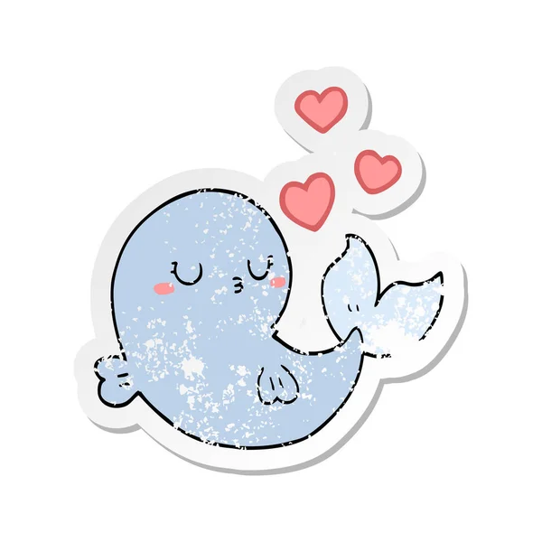 Distressed sticker of a cute cartoon whale in love — Stock Vector