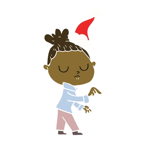 Illustrazione a colori piatta di una donna calma che indossa il cappello di Babbo Natale — Vettoriale Stock