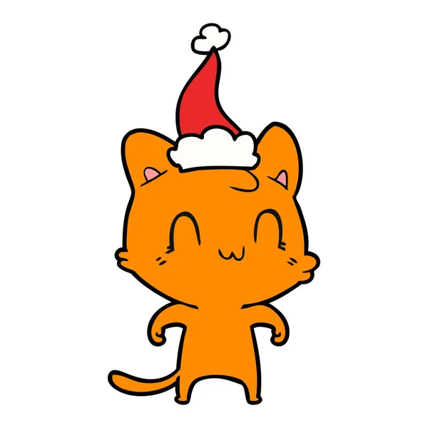 Linha de desenho de um gato feliz usando chapéu de santa —  Vetores de Stock