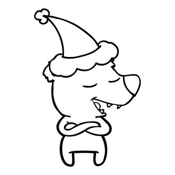 Hand Drawn Line Drawing Bear Wearing Santa Hat — Stock Vector