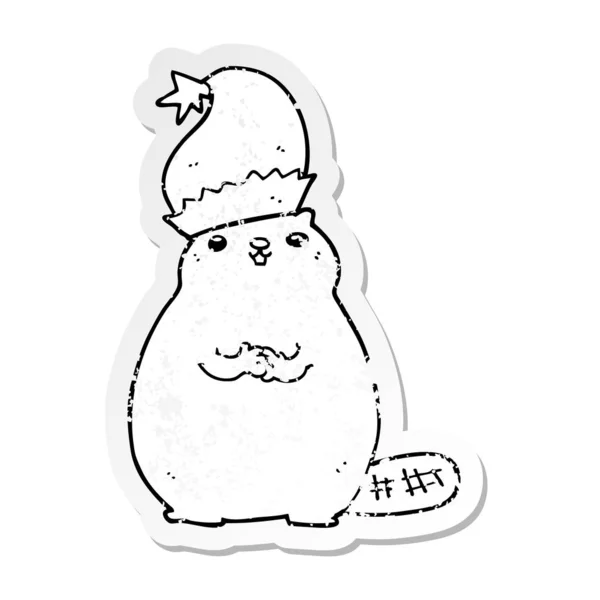 Verontruste Sticker Van Een Cartoon Kerst Beaver — Stockvector