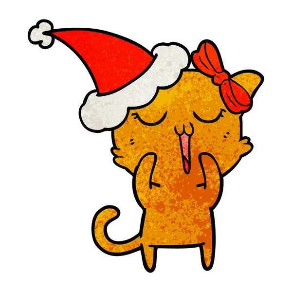 Desenho Animado Texturizado Desenhado Mão Gato Usando Chapéu Santa — Vetor de Stock