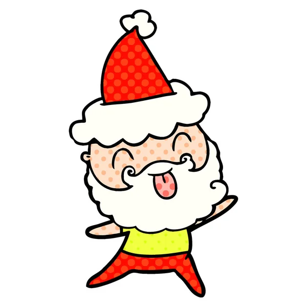 Homme avec barbe sortant la langue portant un chapeau de Père Noël — Image vectorielle