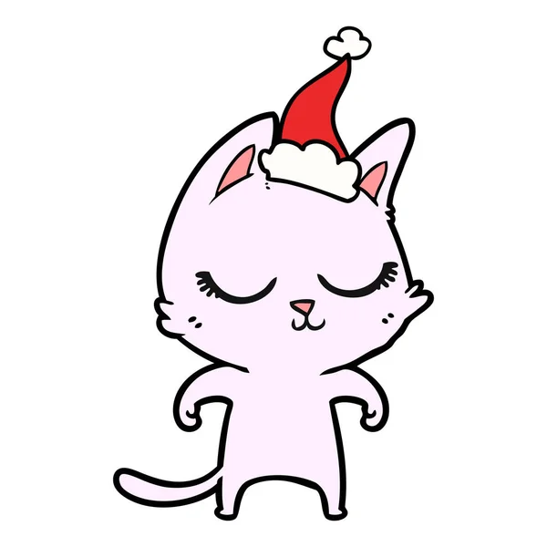 Disegno linea calma di un gatto che indossa cappello di Babbo Natale — Vettoriale Stock