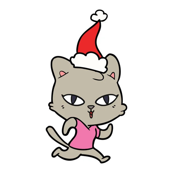 Dessin au trait d'un chat pour une course portant un chapeau de Père Noël — Image vectorielle