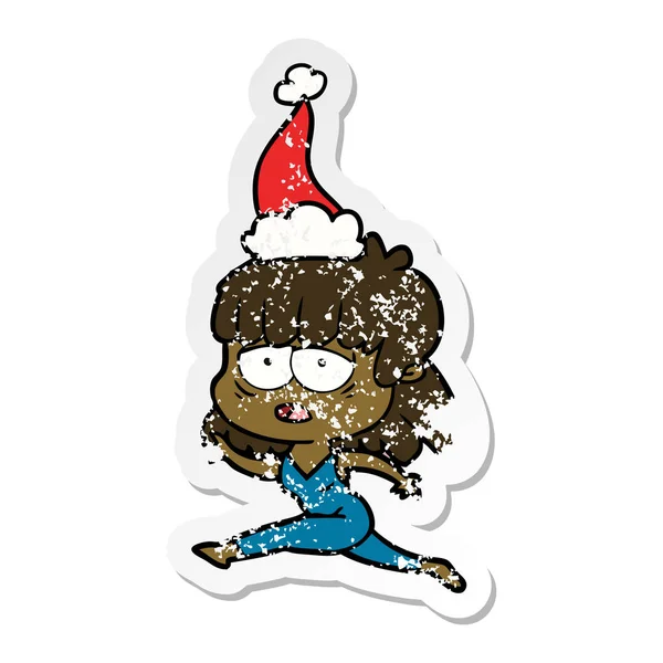 Autocollant en détresse dessin animé d'une femme fatiguée portant un chapeau de Père Noël — Image vectorielle