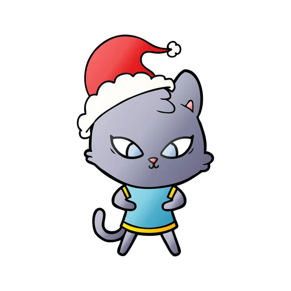 Desenho animado gradiente bonito de um gato usando chapéu de santa — Vetor de Stock