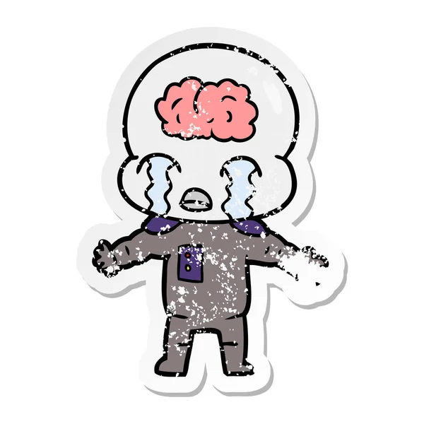 Distressed sticker of a cartoon big brain alien crying — Stock Vector