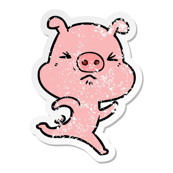 Stiker tertekan dari kartun mengganggu babi berjalan - Stok Vektor