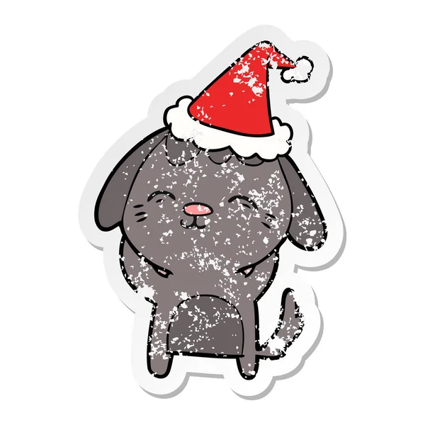Glücklich bekümmert Sticker Karikatur eines Hundes mit Weihnachtsmütze — Stockvektor