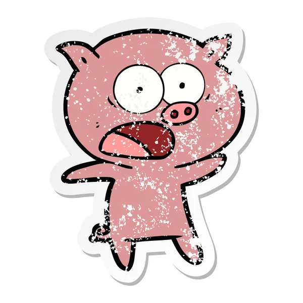 Distressed sticker of a cartoon pig shouting — Stock Vector