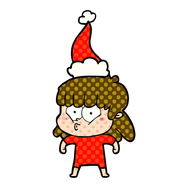 Comic book style illustration of a whistling girl wearing santa — Stock Vector