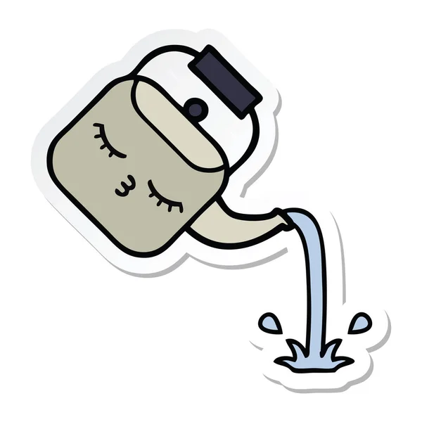 Su ısıtıcısı dökülen bir sevimli çizgi etiket — Stok Vektör