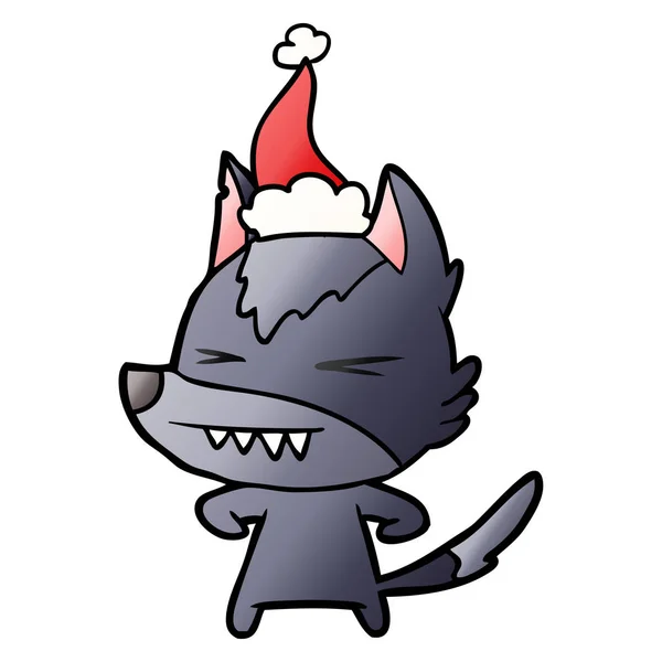 Arrabbiato lupo gradiente cartone animato di un cappello di Babbo Natale indossa — Vettoriale Stock