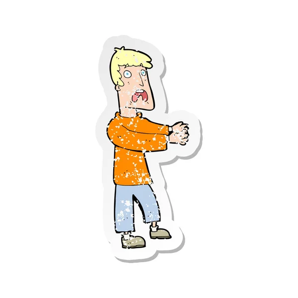 Retro noodlijdende sticker van een cartoon doodsbang man — Stockvector