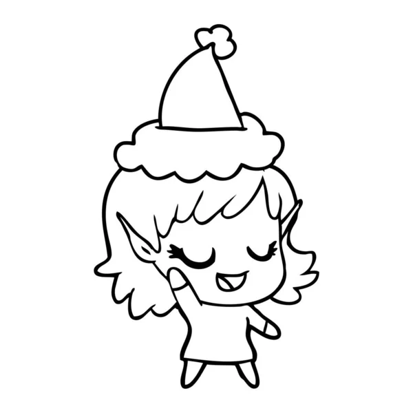 Happy line drawing of a elf girl wearing santa hat — Stock Vector