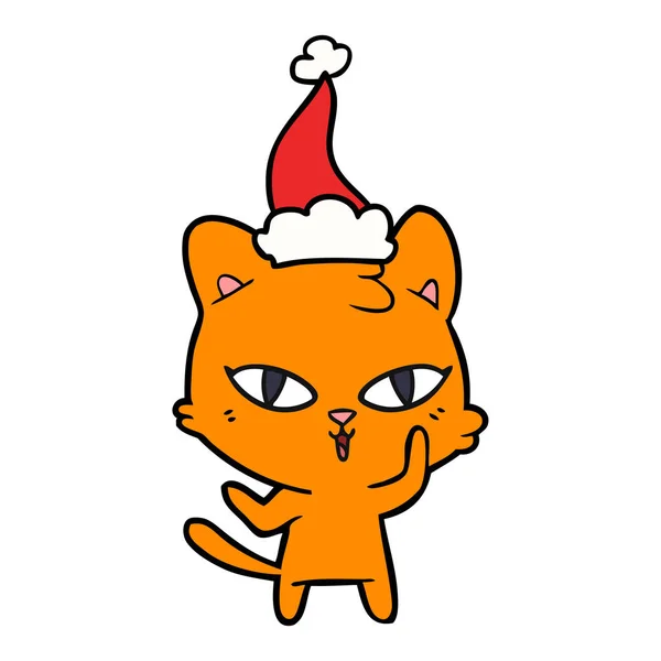 Handgezeichnete Linienzeichnung Einer Katze Mit Weihnachtsmütze — Stockvektor