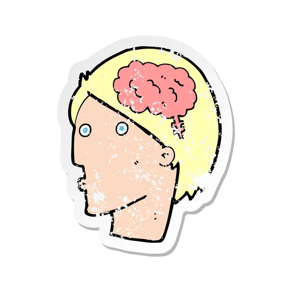 Retro adesivo angosciato di un uomo cartone animato con il simbolo del cervello — Vettoriale Stock