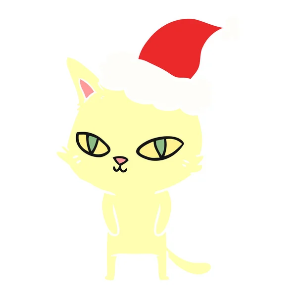 산타를 입고 밝은 눈을 가진 고양이의 플랫 컬러 일러스트 — 스톡 벡터