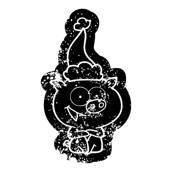 Весёлая Сидящая Свинья Причудливая Мультяшная Икона Шляпе Санты — стоковый вектор