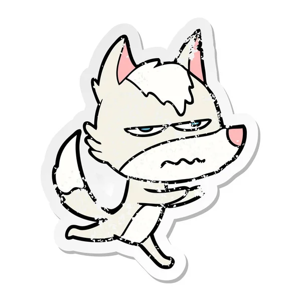 Verontruste Sticker Van Een Cartoon Geërgerd Wolf — Stockvector