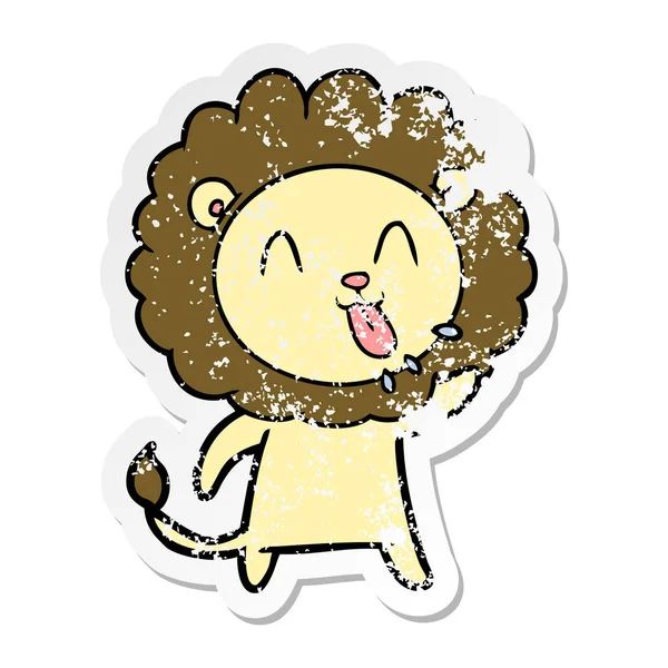Distressed sticker of a happy cartoon lion — Stock Vector