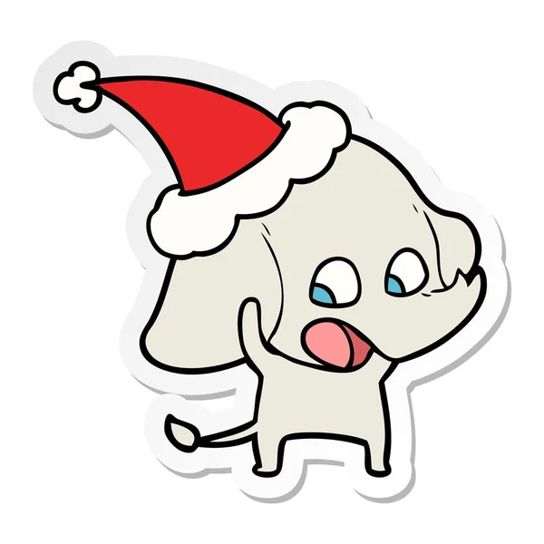 Niedliche Handgezeichnete Sticker Karikatur Eines Elefanten Mit Weihnachtsmütze — Stockvektor