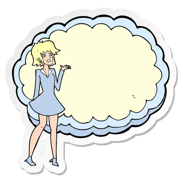 Pegatina de una mujer amigable con dibujos animados con espacio de texto en la nube — Archivo Imágenes Vectoriales