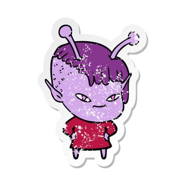 bir sevimli çizgi uzaylı kızın sıkıntılı etiket