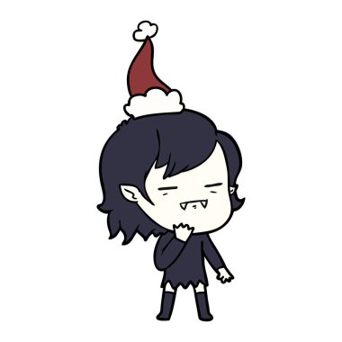 çizim için Noel Baba şapkası giyen bir ölümsüz vampir kız el çekilmiş