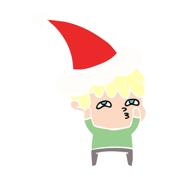 一个好奇的人戴着圣诞老人的帽子的扁平的颜色插图 — 图库矢量图片