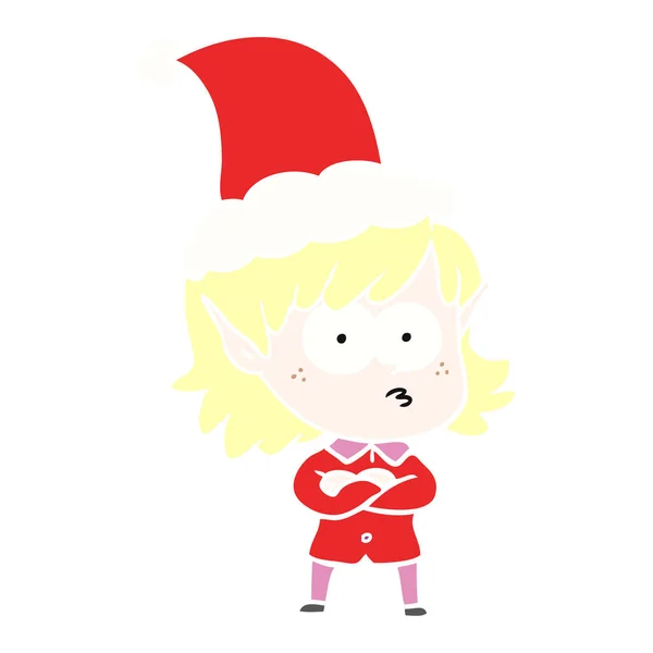 Επίπεδη χρώματος απεικόνιση του ένα ξωτικό κορίτσι χτυπητός φορώντας καπέλο Σάντα — Διανυσματικό Αρχείο