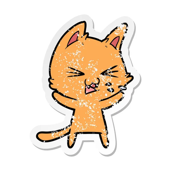 Nödställda klistermärke av en tecknad katt väsande — Stock vektor