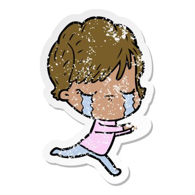 ağlayan bir karikatür kadının sıkıntılı etiket