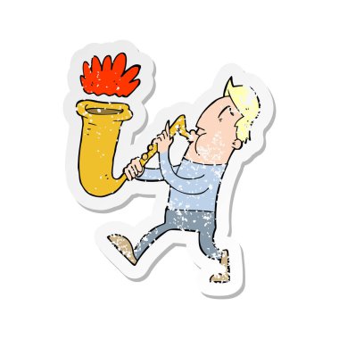 Retro etiket saksafon üfleme bir çizgi film adamın sıkıntılı