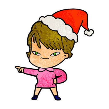 Noel Baba şapkası giyen bir mutlu kadın dokulu karikatür el çekilmiş