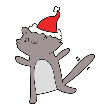 çizim için Noel Baba şapkası giyen bir dans eden kedi el çekilmiş